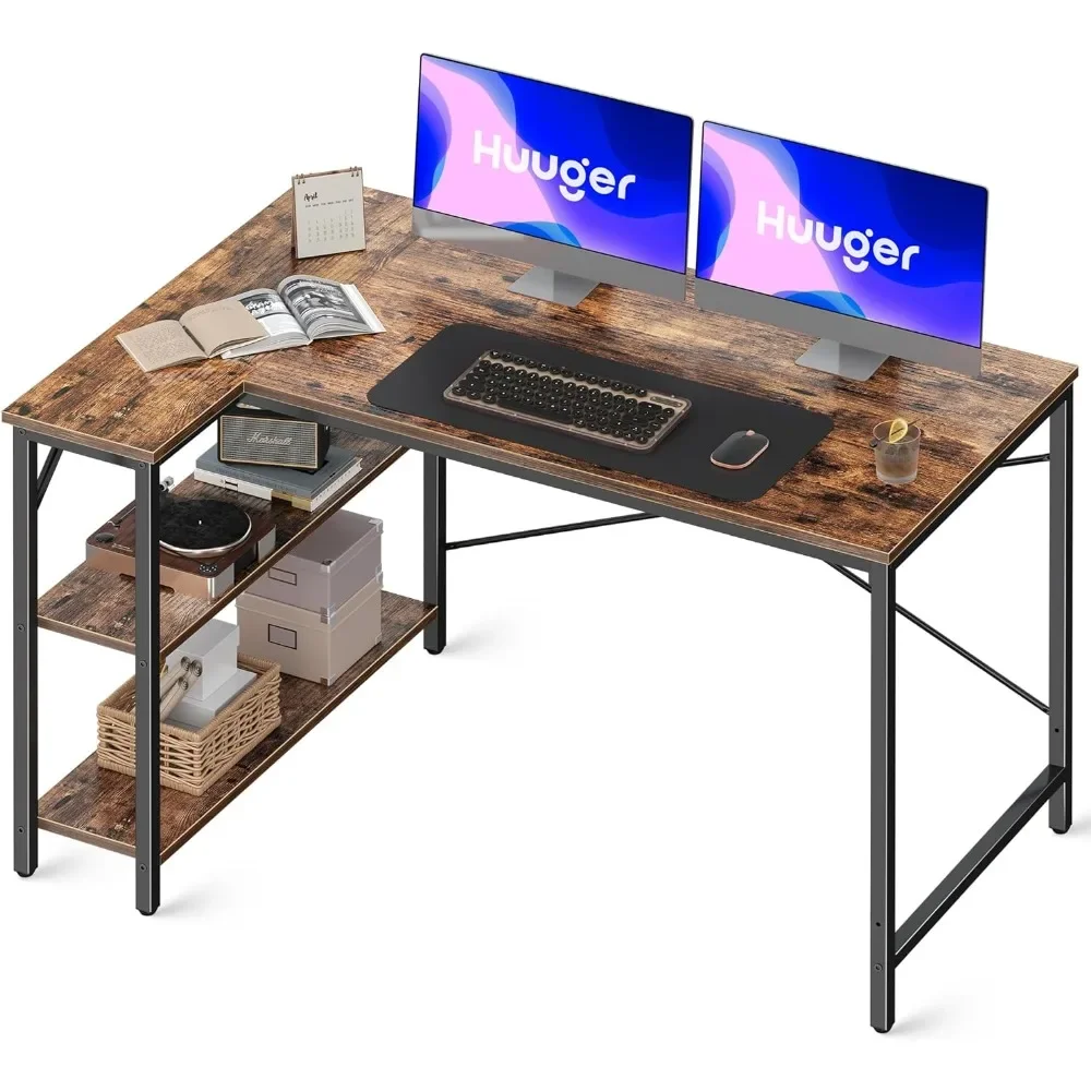 L Shaped Computer Desk with Reversible Storage Shelves, Gaming Corner Desk for Home Office, Writing Study Desk with Metal Frame