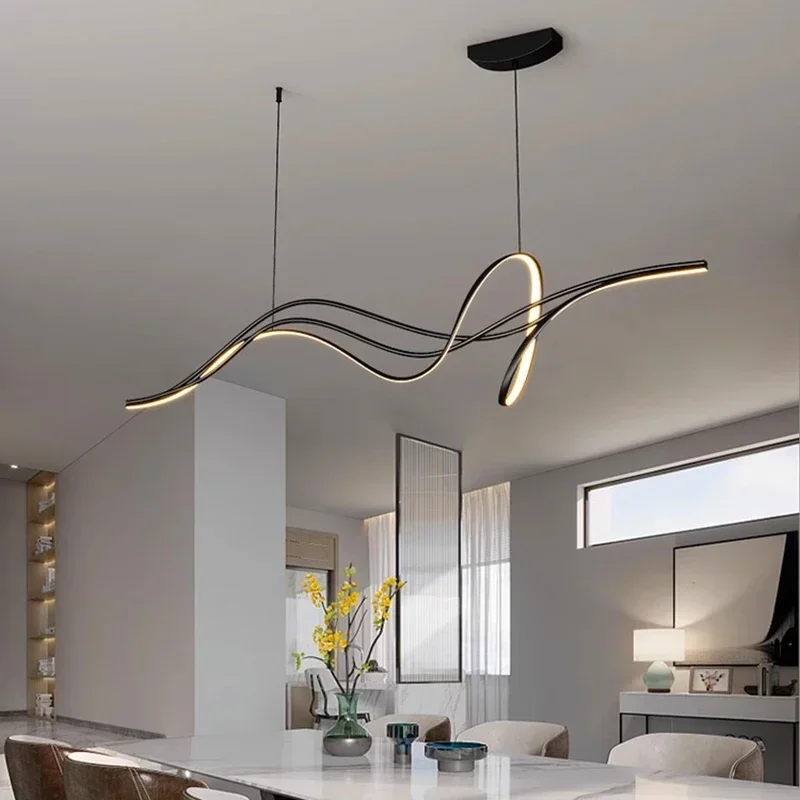 

Modern Lines Led Pendant Light for Restaurant Dining Room Tables Kitchen Bar Counter Black Chandelier Home Decor Light Fixture