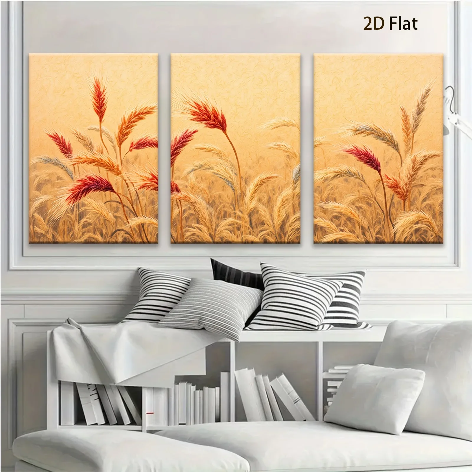 (No frame)2D Flat, 3pcs Rustic Autumn Wheat Field Wall Art - Realistic - Wheat Stalks & Soil - Wrapped Canvas Framed Prints S