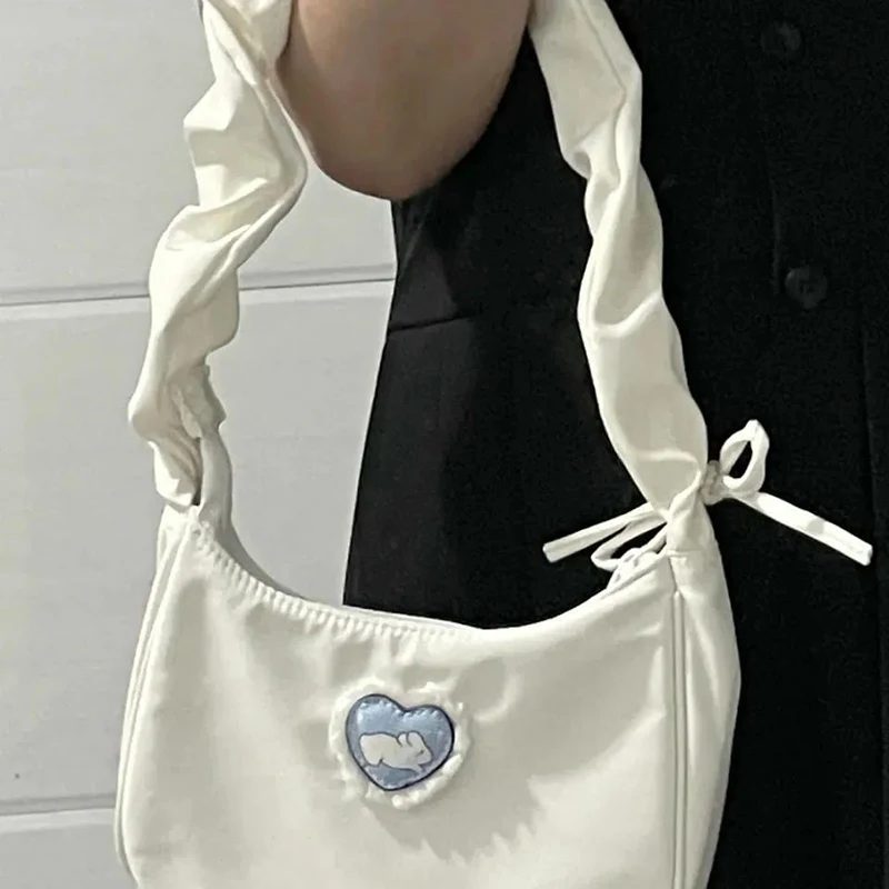 Women Fashion Folds Shoulder Bag Korean style Girl Cute Love Heart Rabbit Shopping Bag Tote Handbag image 4