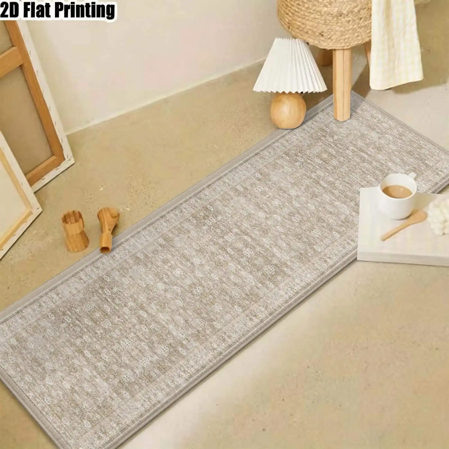 1Pc 2D Printed Long Strip Rug: Beige & White Retro Geometric Patterns, Nordic/Modern Minimalist/European/Bohemian Style, Machine Washable, Multi-Size, Home Decor for Corridor, Entrance, Living Room, Bedroom