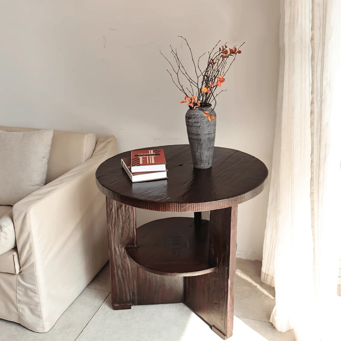 #d% Wabi-Sabi Solid Wood Natural Patterns Handmade Round  Tea Table Coffee Table Side Table Simple Design Living Room