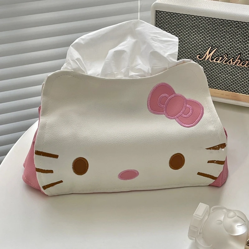 New Sanrio Hello Kiity Tissue Box Cartoon KT Cat PU Leather Paper Napkin Case Cute Animals Home Car Paper Storage Box Girl Gifts