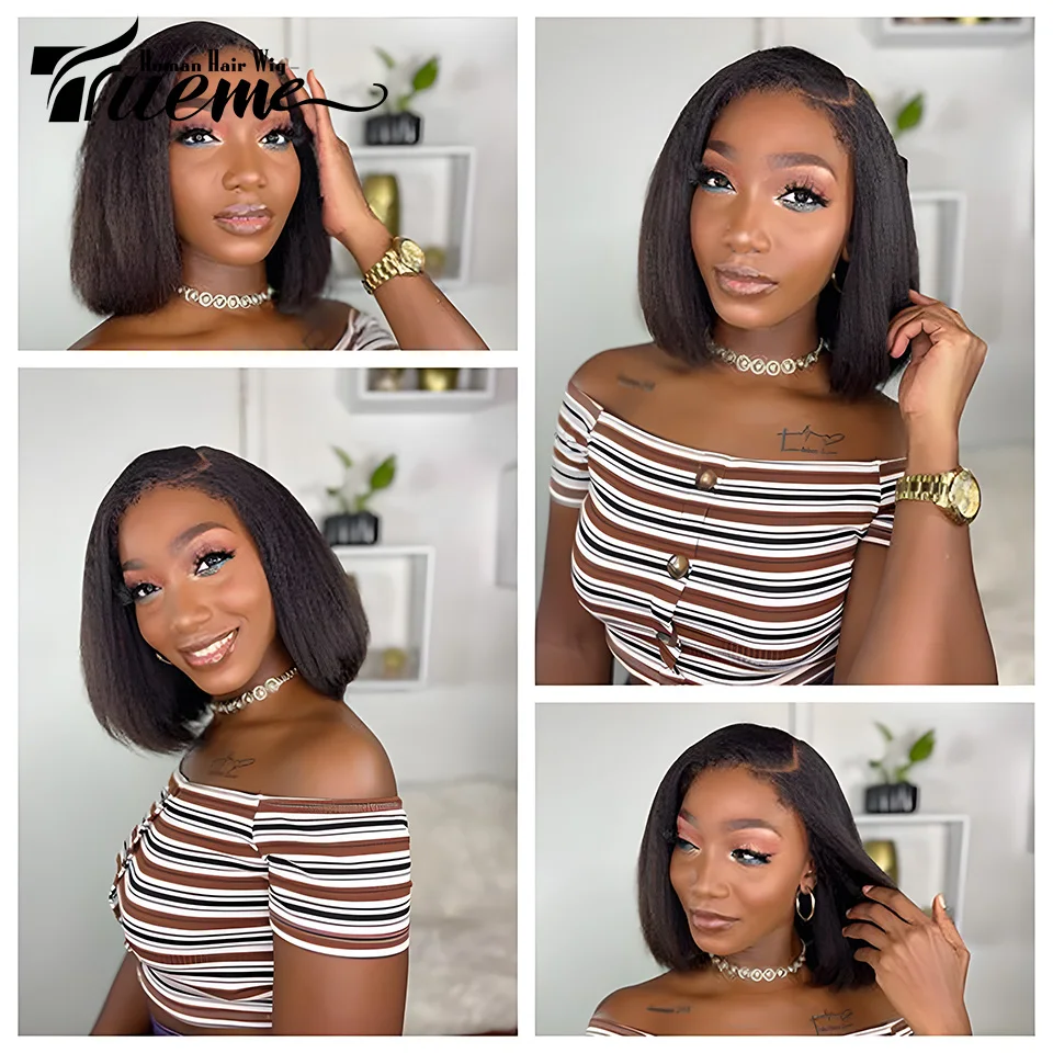 Perruque Bob Lace Front Wig Brésilienne Naturelle Cheveux Crépus Lisses, Redy To Go, Partie C, pour Femme