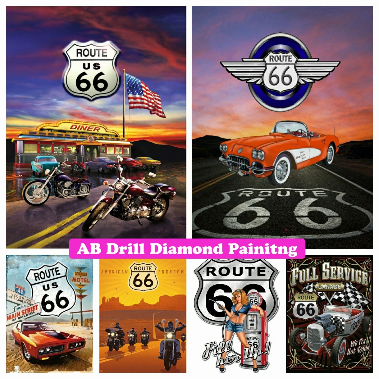 

Route 66 Motorcycle DIY AB Drills Diamond Painting Cross Stitch Americas Highway Embroidery Mosaic Rhinestone Hobby Home Decor