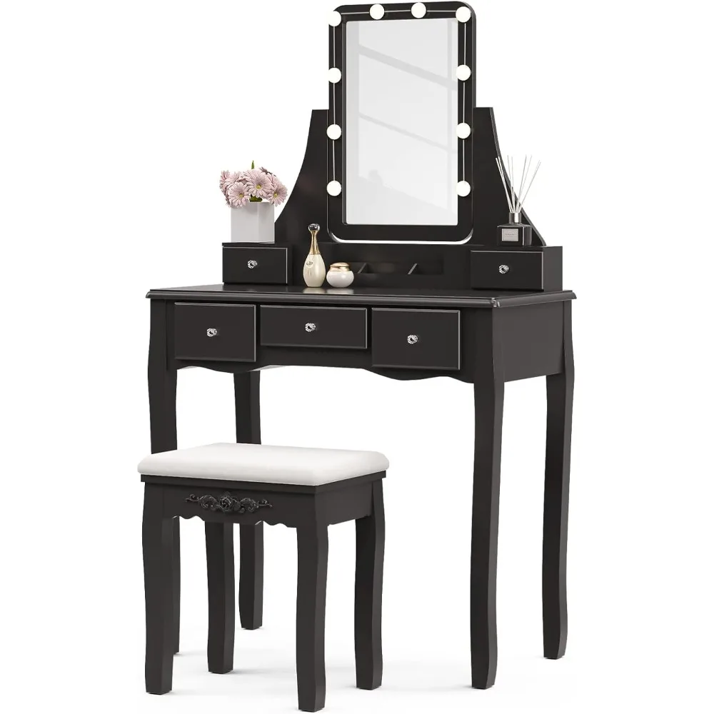 Dressing Table with Lighted Mirror, 10 LED Dimmable Bulbs, Cushioned Stool&5 Drawers,3 Removable Dividers, Vanity Desk