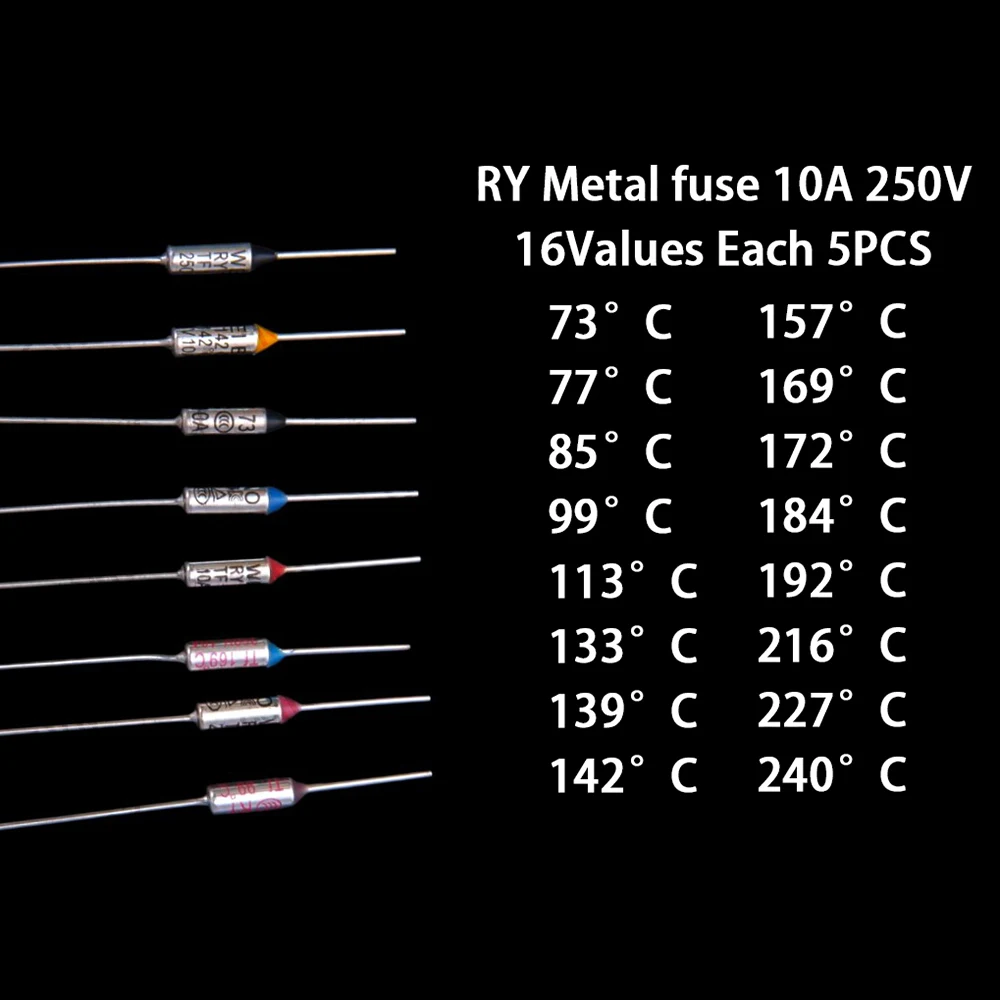 16Values ​​80PCS RY-185 RY-192 TF Thermal Protection 10A 250V RY-185/192 Common Fuse Tubes RY-192 RY-185/192 Component