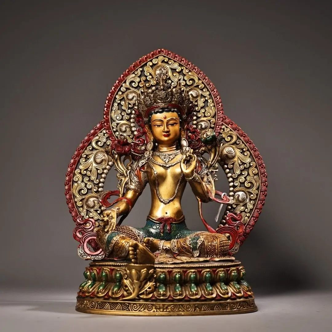 Antiques Tibetan Green Tara Statue Nepalese Painted Buddha Sculpture with Openwork Backplate Buddhism Home Altar Decor