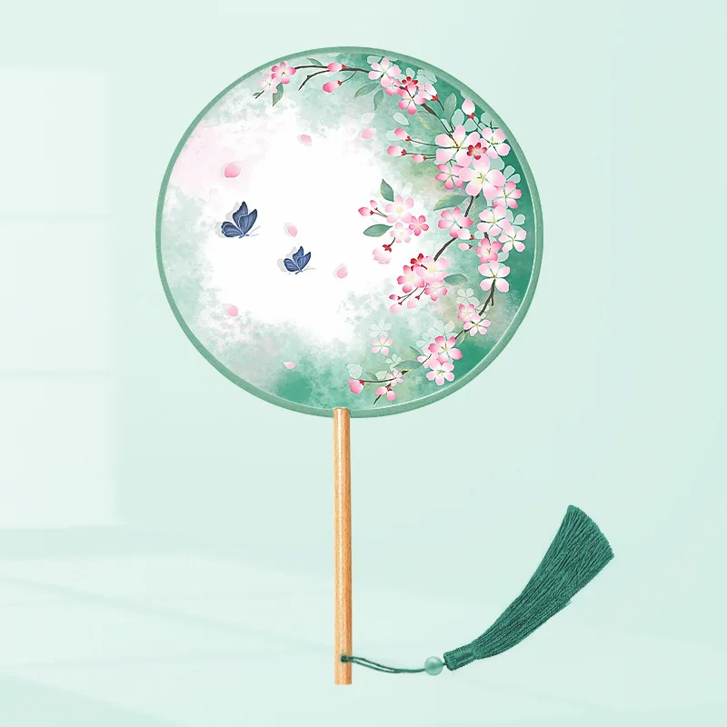 Vintage Round Printed Fan Chinese Dance Summer Classical Cheongsam Costume Court Hanfu Women's Tassel Hand Fan