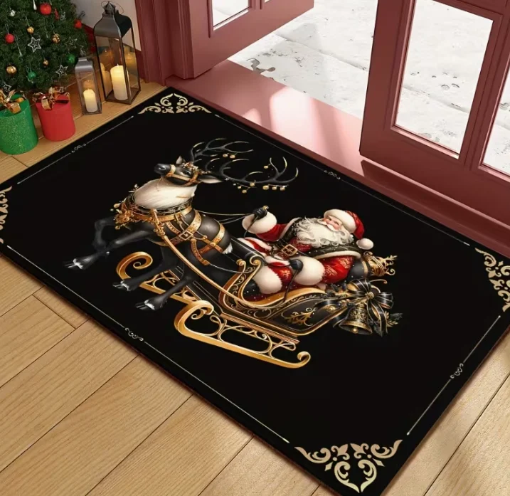 1pc Golden Christmas, Festive Style Welcome Mat, Non-Slip, Machine Washable, Black Background, Reindeer And Santa Claus Pattern