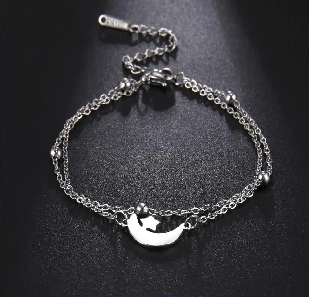 1PC Stainless Steel Bracelets Korean Sweet Moon Stars Fashion Chain Charm Bracelet For Women Jewelry Party Wedding F1243