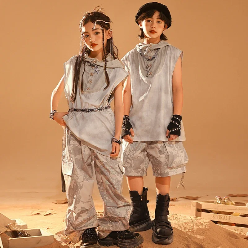 

Children Kpop Hip Hop Dance Stage Costume Girls Jazz Modern Dance Outfit Model Fashion Suit Grey Sleeveless Hoodie Pants