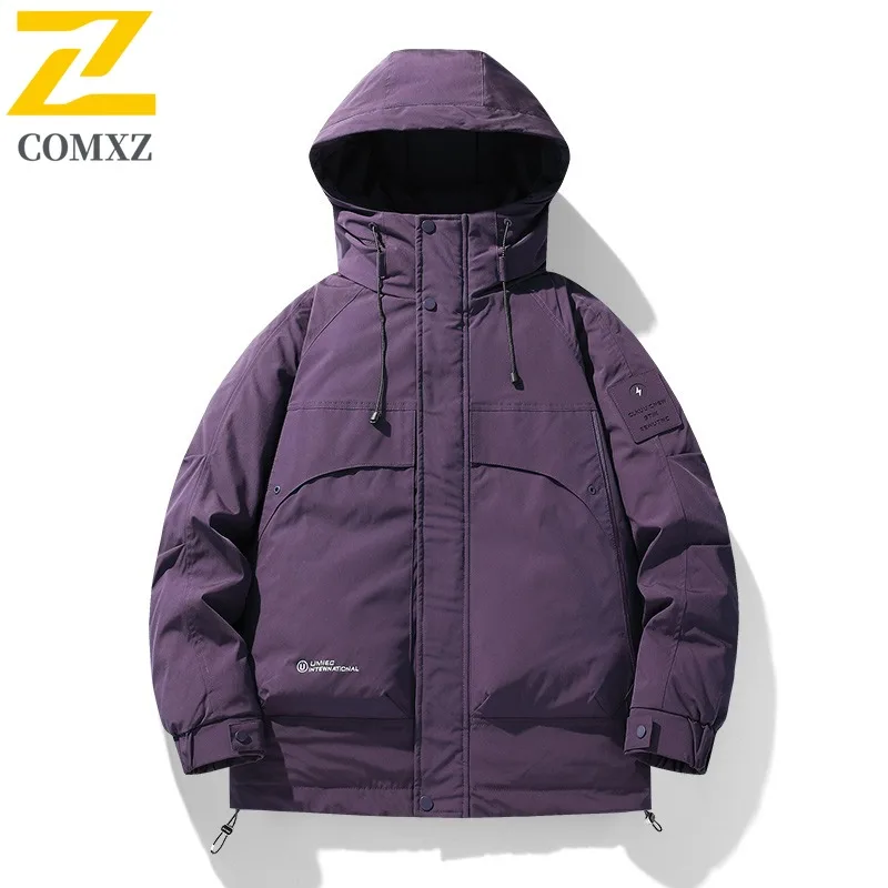 COMXZ Casual Hooded Men Down Jacket Outdoor Travel Thickened Warm Padded Jacket Trendy Camping Lightweight Winter Down Coat