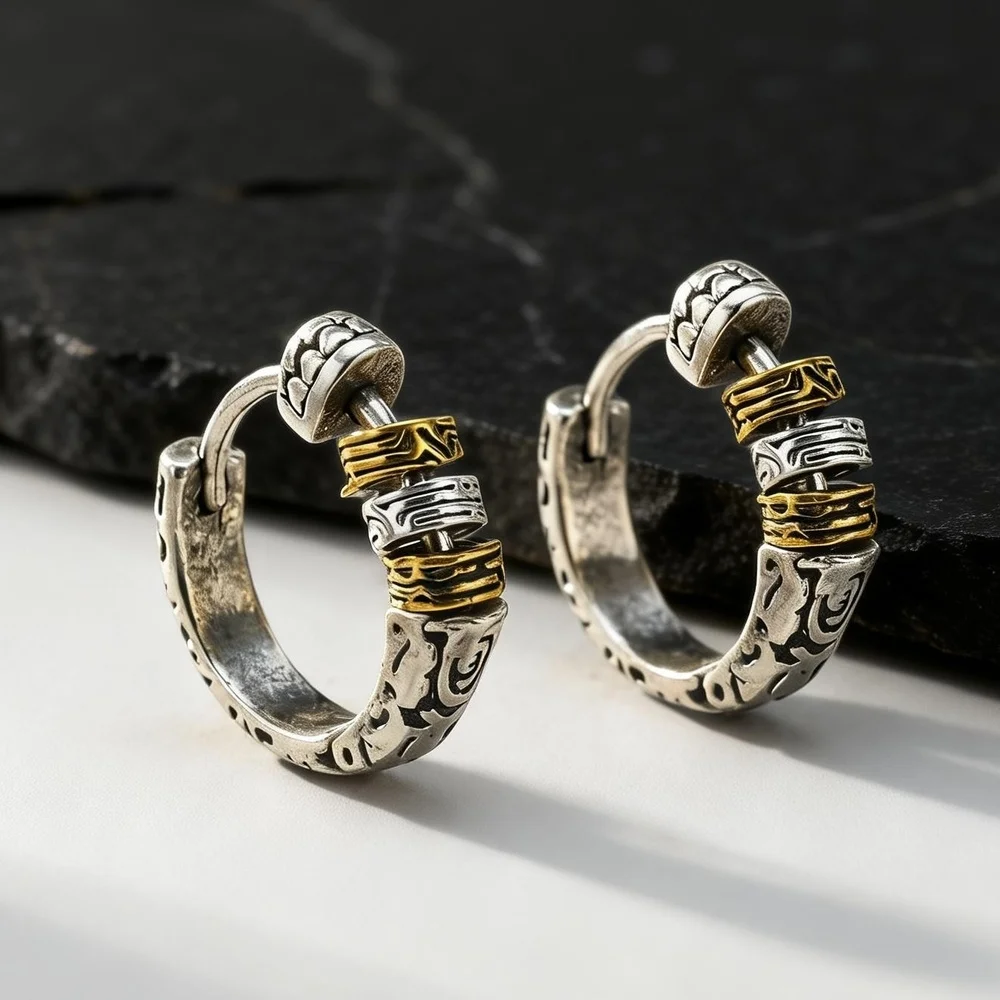 Vintage Patterned Huggies Earrings for Men Boys,Gold Silver Color Ethnic Style Hoop Earrings,Punk Earring Jewelry
