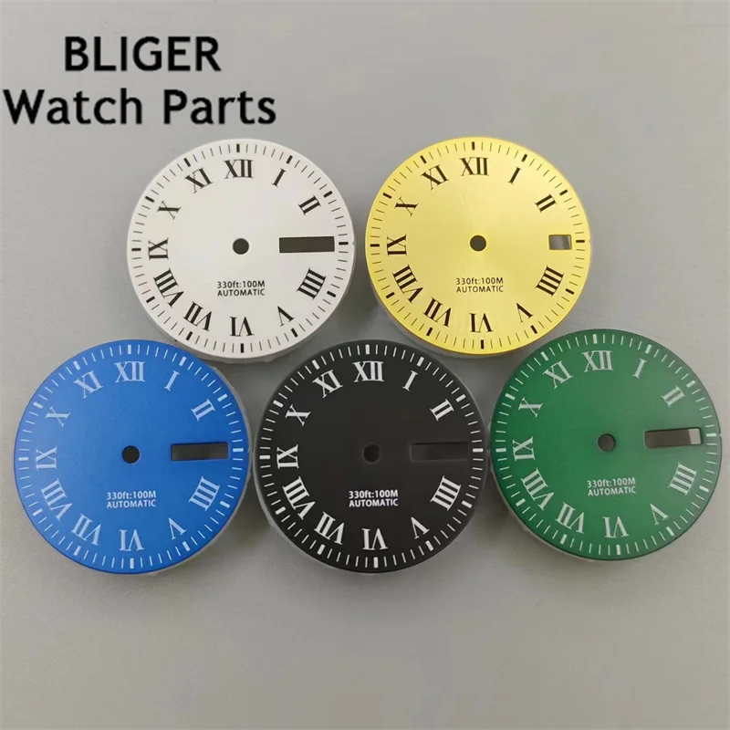 Bligger-動きのための発光時計,3時に王冠,3.8グラム,青,黒,緑,白,29mm,nh36に適合