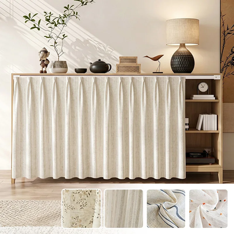 Printed Linen Sheer Sliding Cabinet Curtain Dustproof Clutter‑Hiding Cover For Open Kitchen Shelf Cupboard Storage Rack Decor