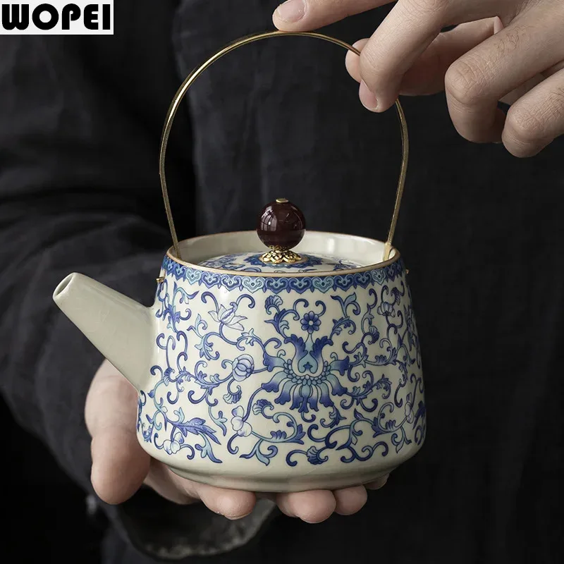 Interlocking Lotus Scroll Ceramic Teapot Retro Lift Handle Teapot Single Pot Kung Fu Tea Set Tea Inuser Ru Kiln Crackle Teaware