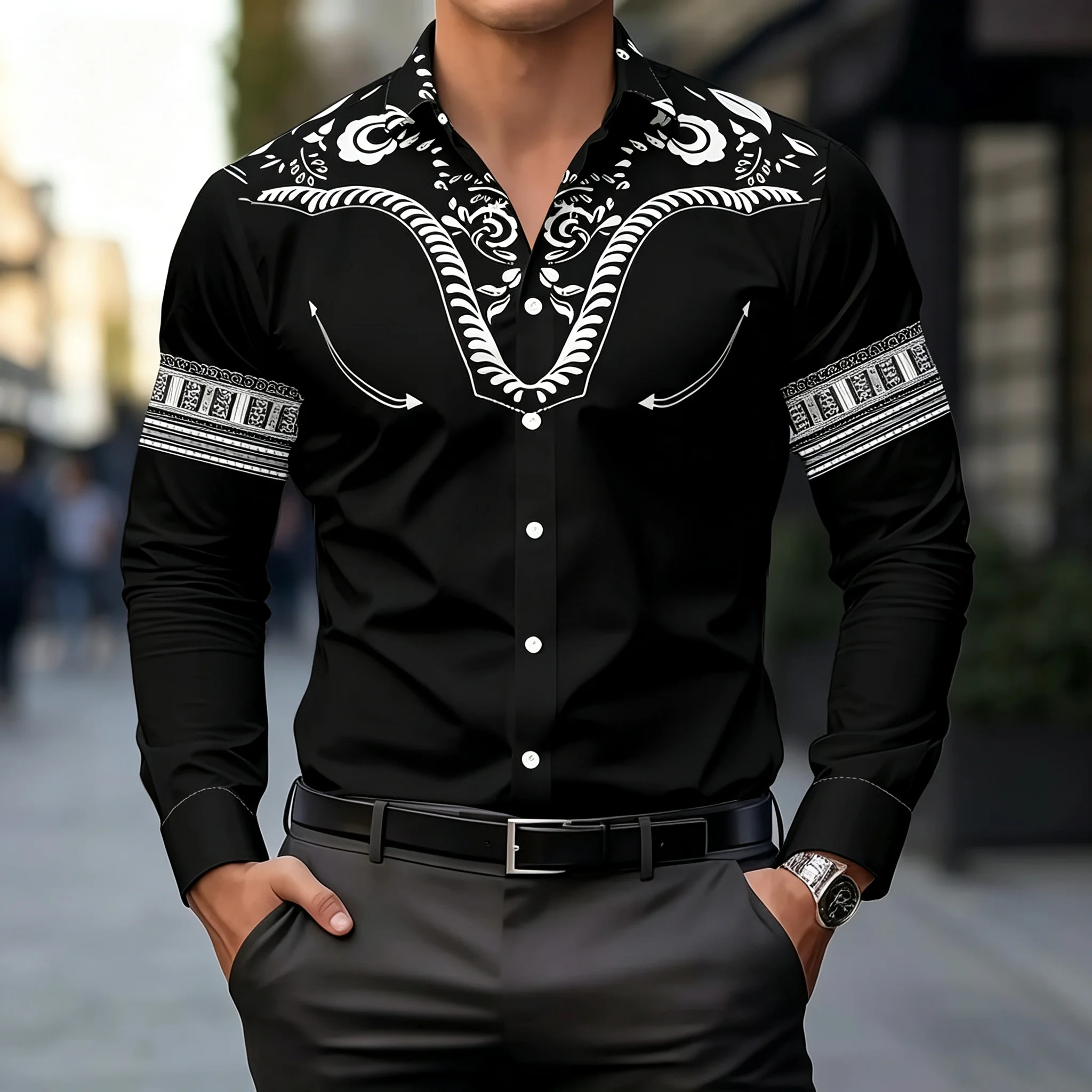 Men's color-blocked long-sleeved shirt, black printed unique collar cardigan, trendy men's top for nightclub parties.
