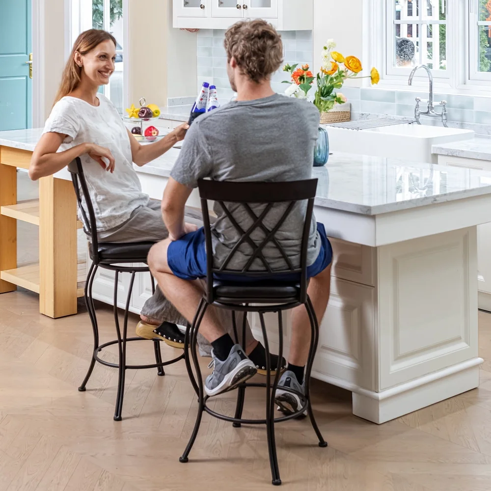 Swivel Bar Stools Set of 2 Padded Kitchen Dining Counter Stools with Metal Frame and Lattice Backrest Indoor Use