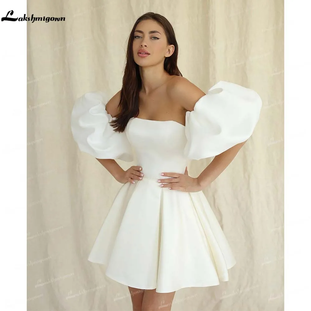 

Lakshmigown Off-The-Shoulder Short Wedding Dress 2026 Simple Lantern Sleeves A-Line Bridal Gown Vestido Femininos Customized