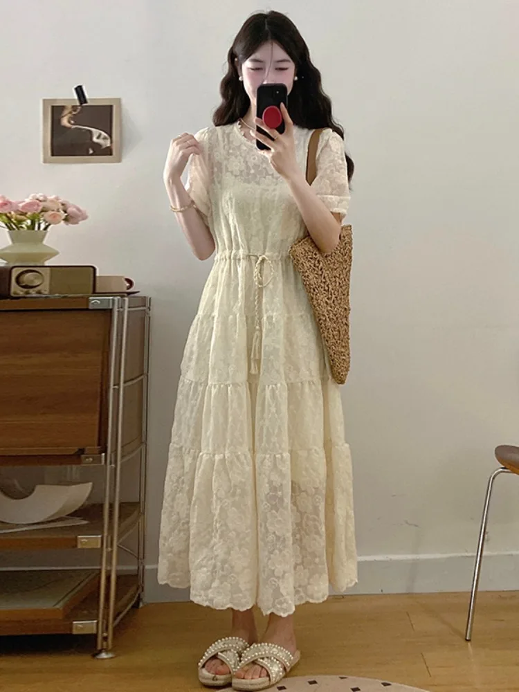 

plus Size Lace ort Sve Dr Women's Unique Slimming Loose Fit Spring New Sle Korean Sle mid Waist Midi Dr