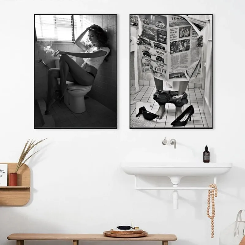 Toilet Sexy Woman Poster Bar Girl Smoking and Read Newspaper In Restroom Canvas Painting Prints Wall Art for Home Bathroom Decor