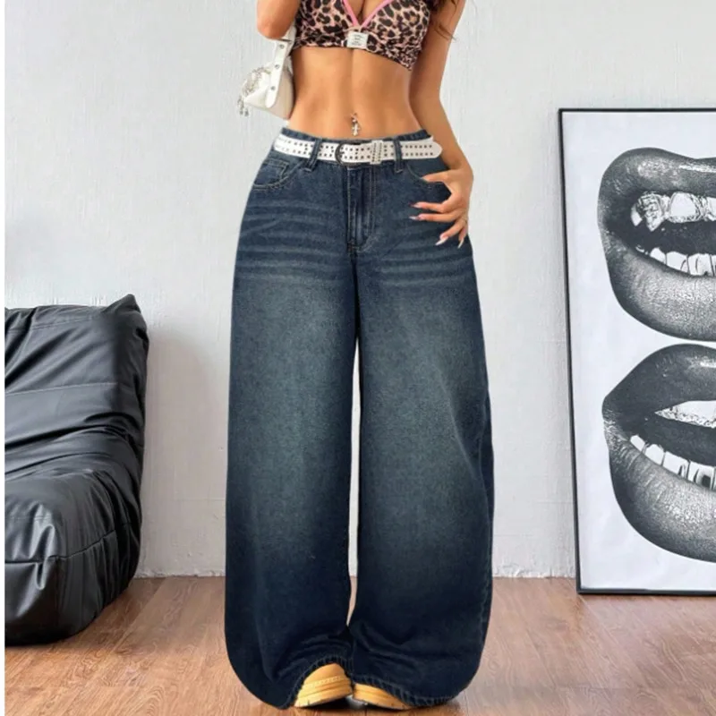 OIQERE 2026 New Women Vintage Washed Barrel Jeans Loose Wide Leg Denim Pants Casual Streetwear Retro Long Trousers