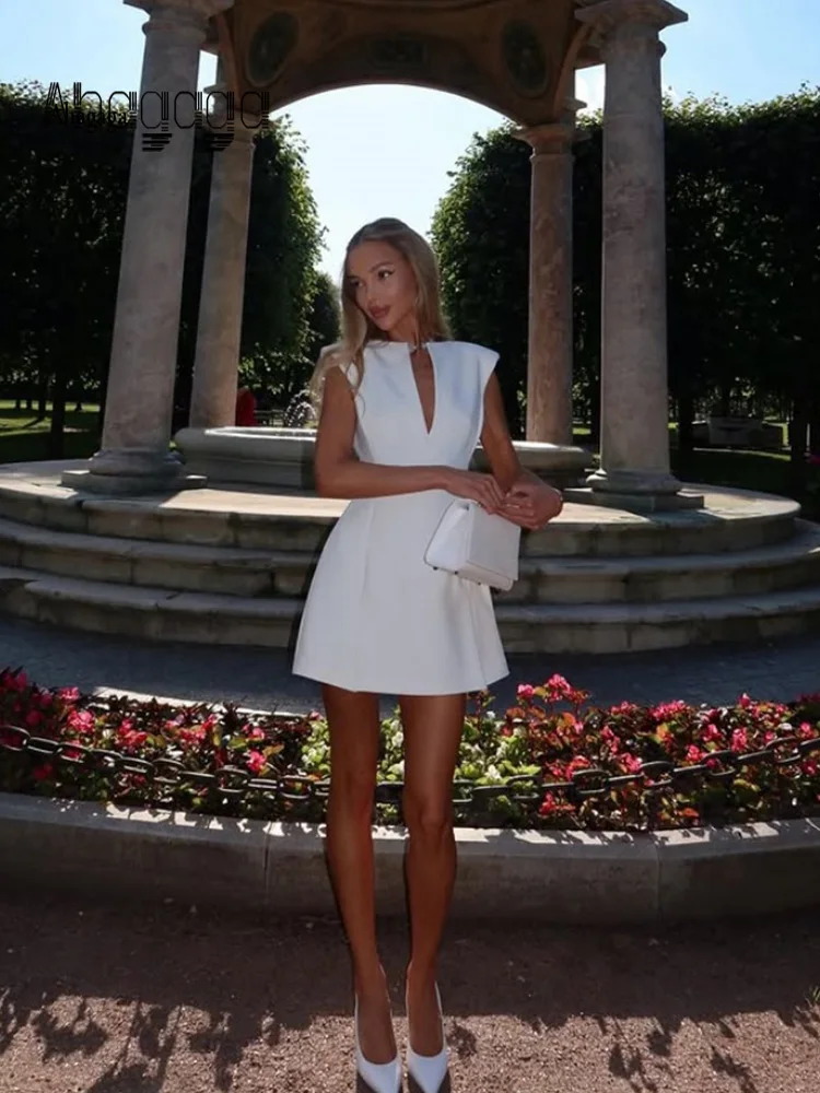 

Ahagaga Elegant Women Mini Dresses Solid Short Sleeves Slim Fit Bodycon V-Neck Zipper Fashion Regular Causal Female Vestidos