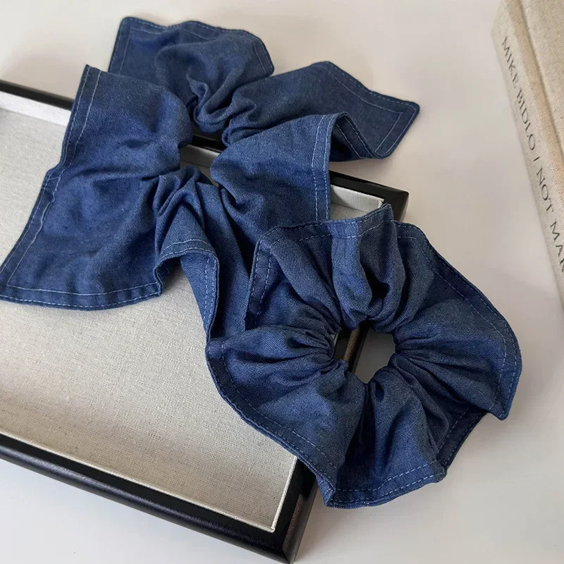 Retro Denim Blue Hair Scrunchies Lady Fashion Square Scarf Headband for Women Temperament Hair Rope Tie Ponytail Rubber Band New