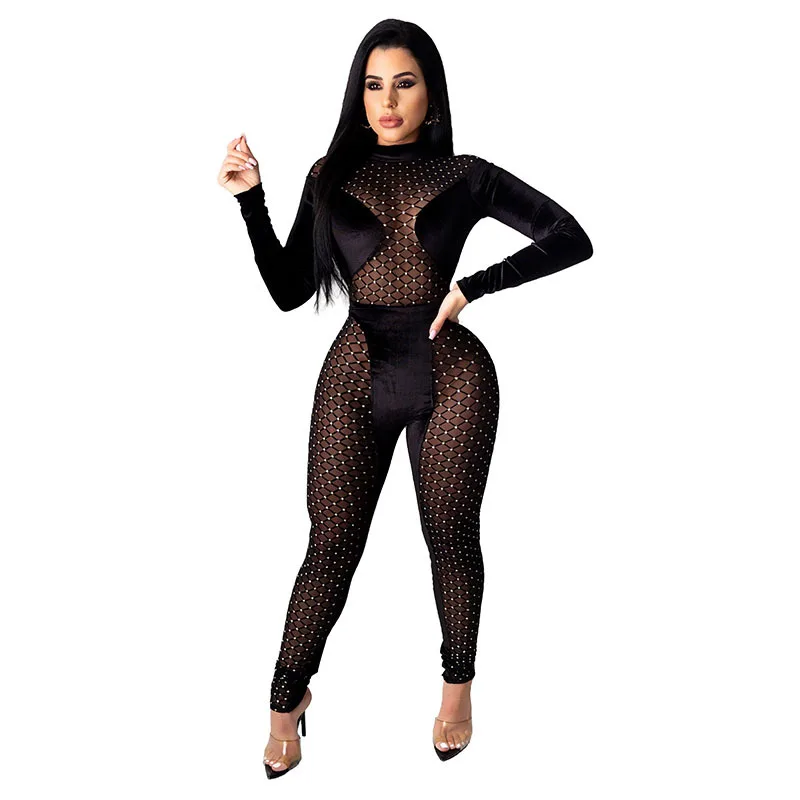 Black Deep V Neck Sexy Jumpsuits Long Sleeve Bodycon Mesh See Through Diamond Elegant Rompers Nightclub Party Women Long Pants