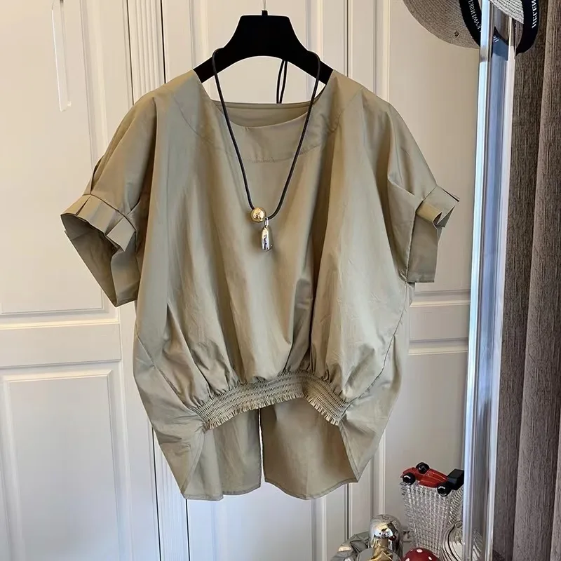 Damska letnia bluzka typu nietoperz plus size, modna bluzka z obniżoną talią, elastycznym dołem, uniwersalna, codzienna bluzka.