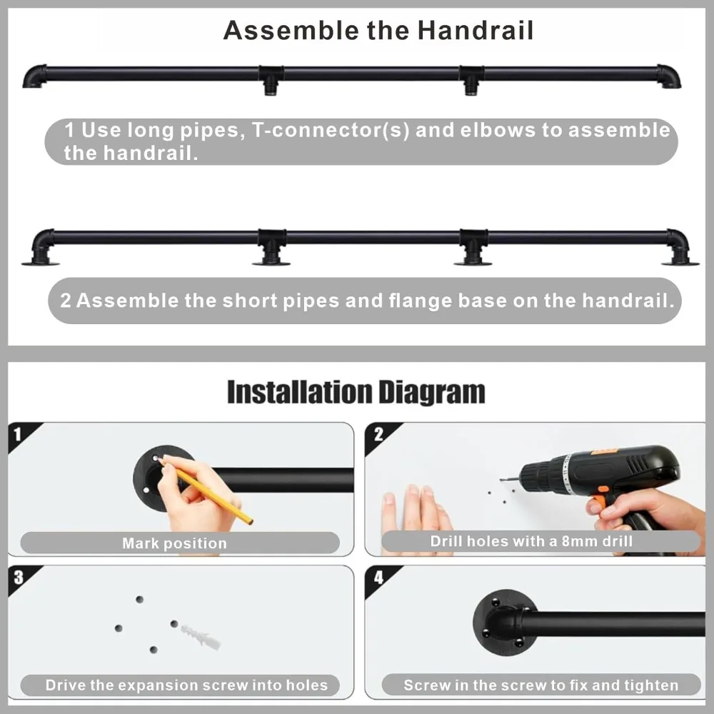 درابزين درج الأنابيب الصناعية بطول 8 أقدام، درابزين مثبت على الحائط للدرج الداخلي، حل درابزين الخطوات الخارجية شديدة التحمل #6