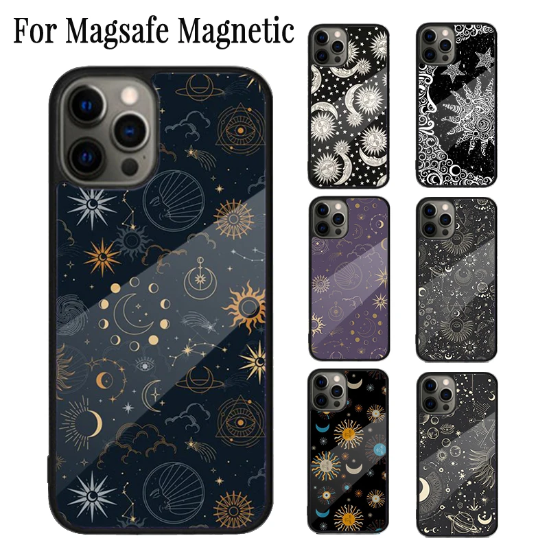 Celestial Mosaic Sun Moon Magnetic Phone Case Coque For iPhone 16 15 14 Plus 13 12 Mini 11 Pro Max Magsafe Wireless Cover