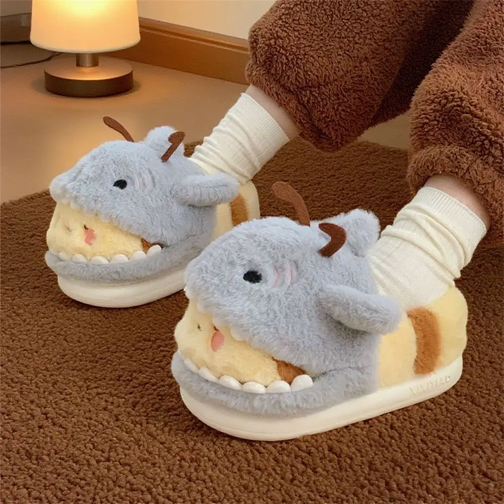 

New ins funny shark bee slippers fuzzy indoor shoes unisex home cloud slipper 44 45 women's winter closed back room shoes woman