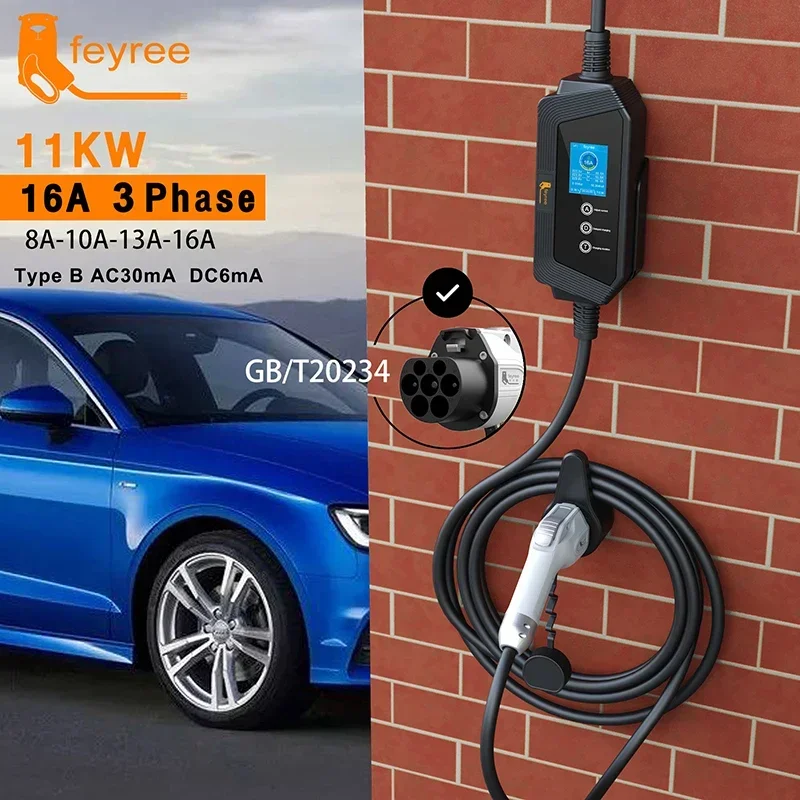 feyree EV Charger GBT Socket 11KW 16A 3Phase EVSE Portable Charging Box Adjust Current Set Delay Charging time for Electric Car