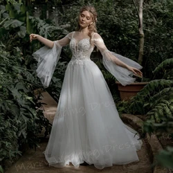 2024 Boho Beautiful A Line Women's Wedding Dresses Modern Lace Appliques Bride Gowns Popular Long Flare Sleeve Robe De Mariée