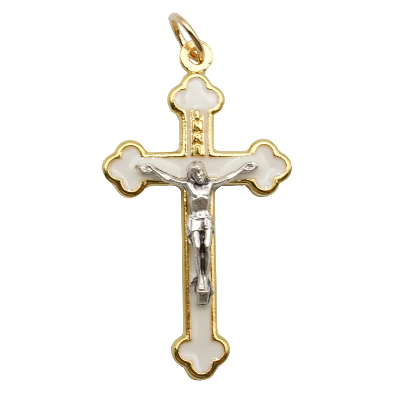 Catholic Golden Cross Pendant 3.5cm Enamel White Bail Color DIY Rosary Accessories Religion Jesus Christ Jewelry Making Supplies