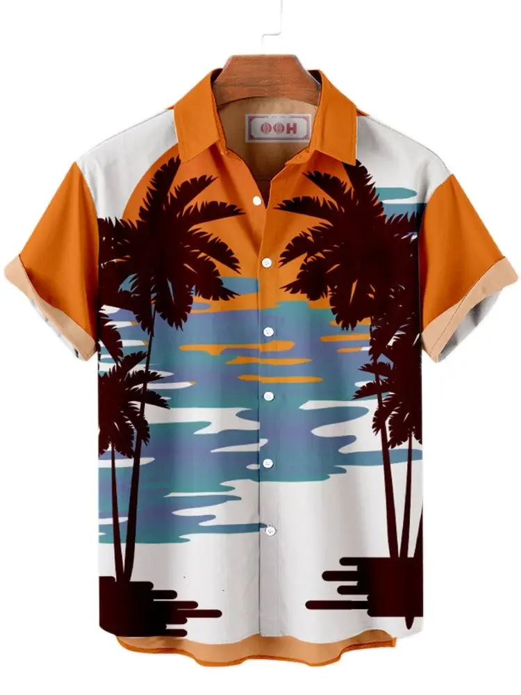 Camisas hawaianas con estampado de atardecer de árbol de Coco para hombre, camisa con patrón de dibujos animados de playa, vacaciones, ropa informal de verano, manga corta