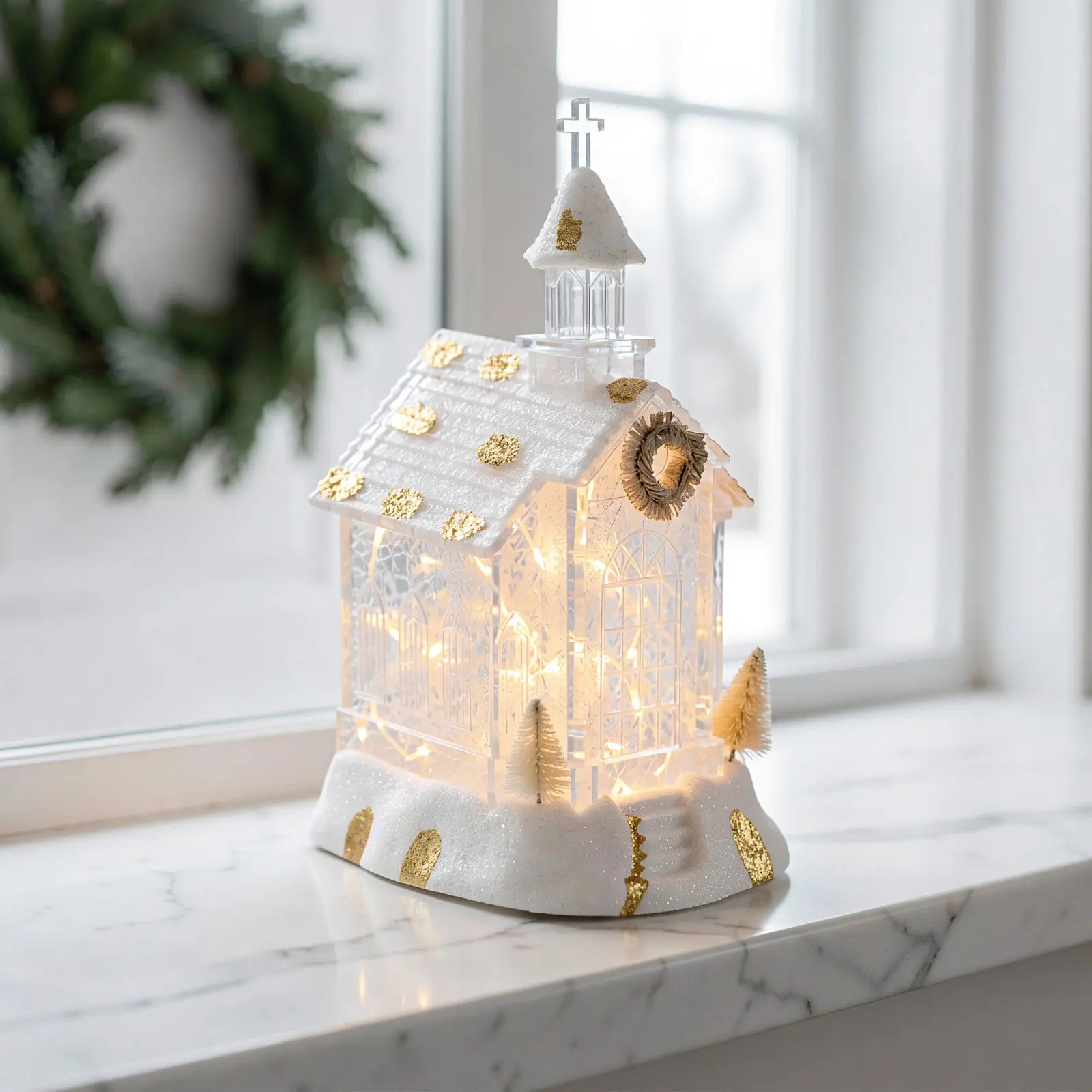 Vintage Christmas Church Lantern LED Lighted Holiday Centerpiece Decorative Lantern Lights Mantel Tabletop Village Display Warm