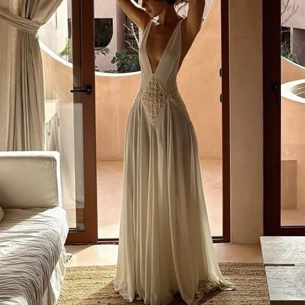 

Elegant Custom Women Bridal Gown Deep V-neck Sleeveless Chiffon Evening Dress with Lace Beach Wedding A-line Boho Dress