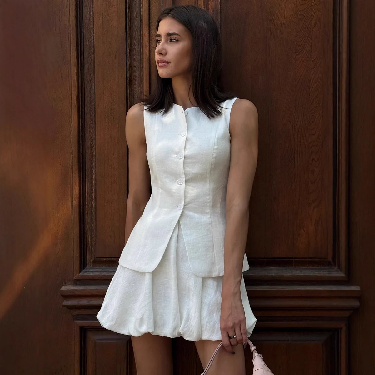 

Spring and Summer Women Fashion Slim Fit Soft Single Breasted Top Casual Mini Skirt 2Pcs Sweet Cotton Vest Flower Bud Skirt Suit