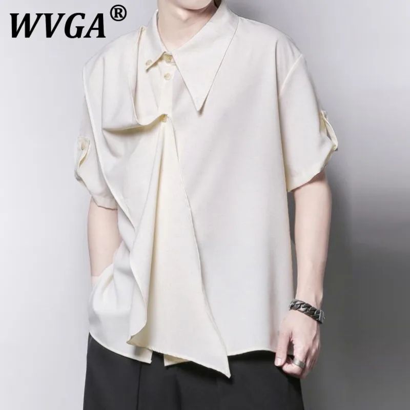 

WVGA Shirts Summer New Man Tide China-chic Ribbon Irregular Pleats Treny Design Niche Casual Half Lengh Sleeved Tops Ins W11256