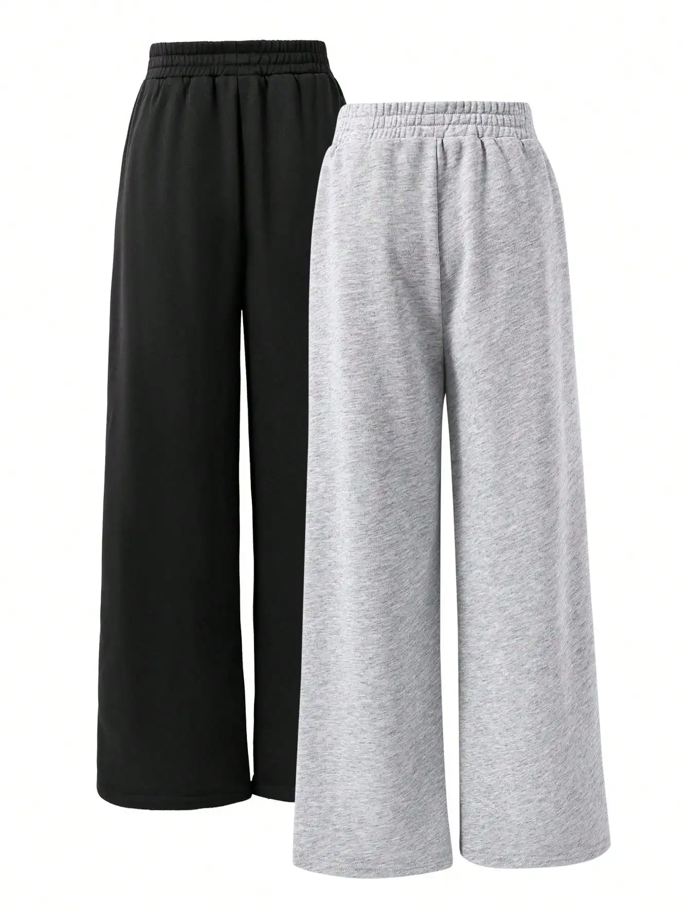 

2-Pack Girls Wide-Leg Elastic Waist Pants in Black & Grey, Soft Comfortable Casual Trousers