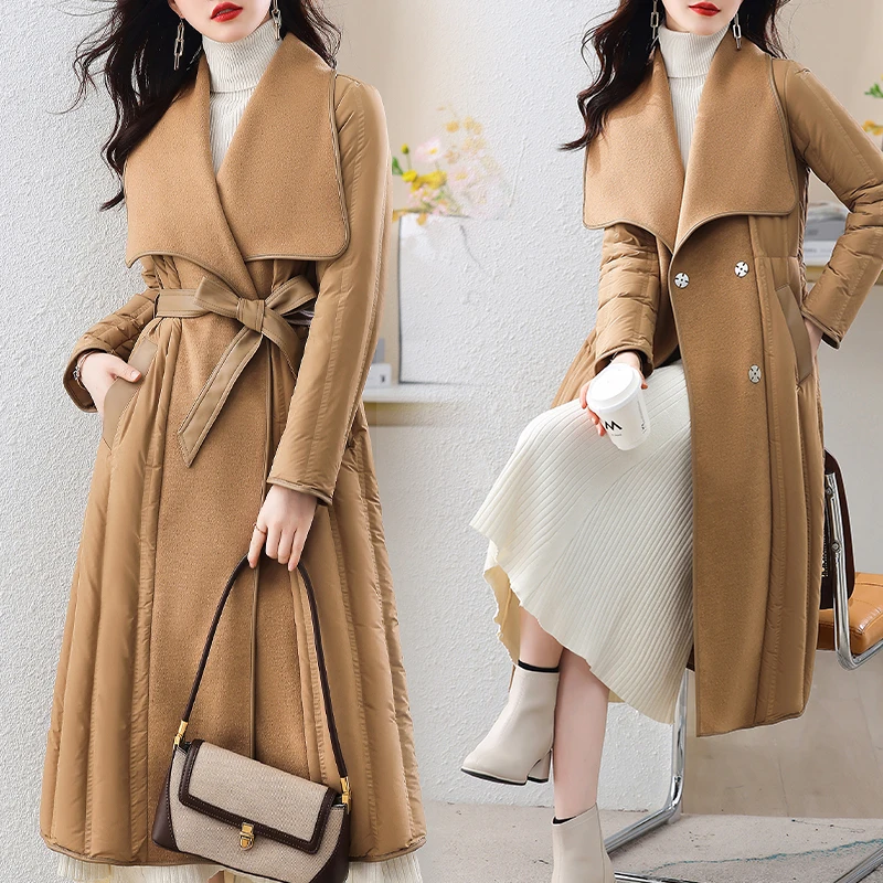 2026 Winter Double-sided Cashmere Spliced Down Jacket Women's White Duck Down Coats Long Overcoat Sashes Streetwear Outerwear
