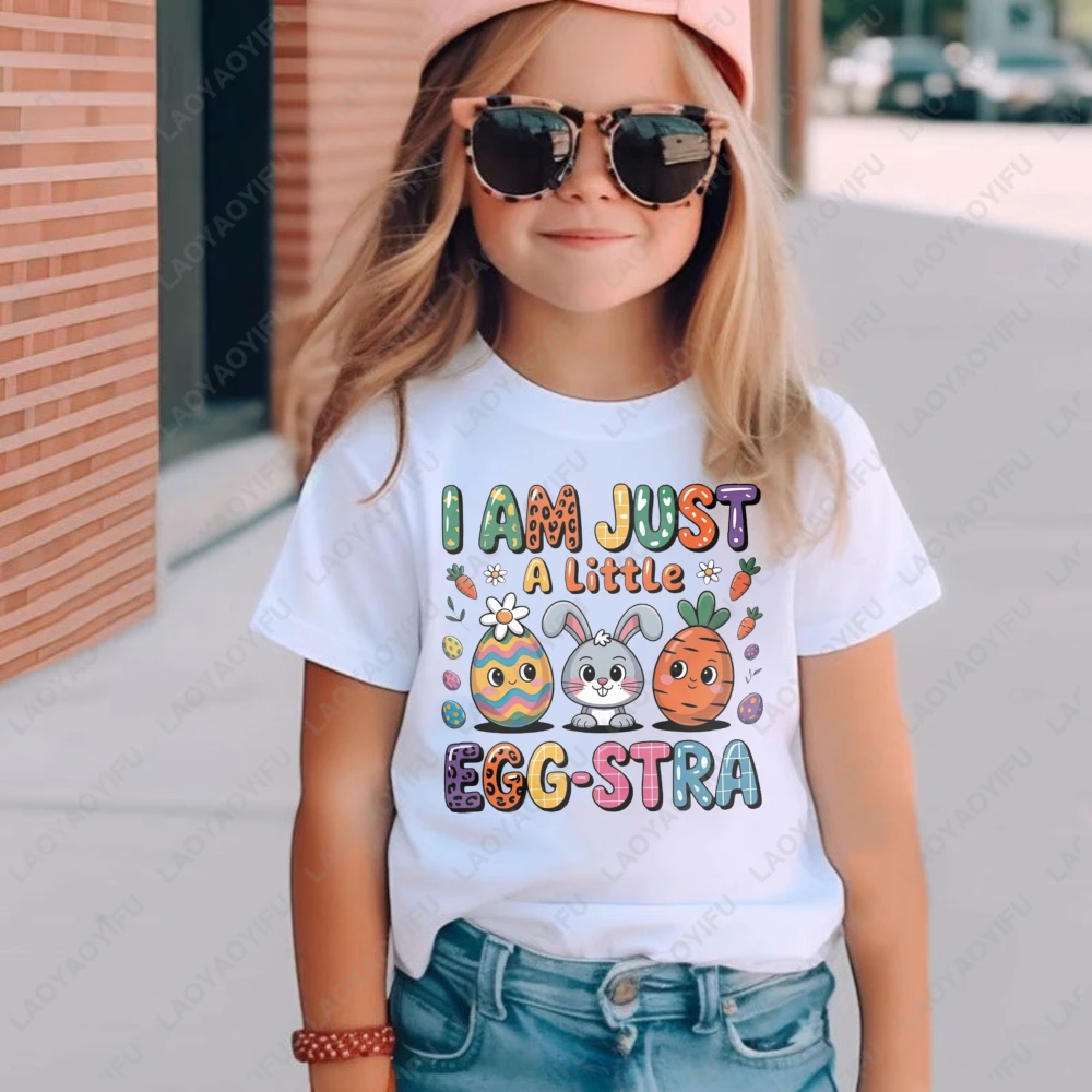 

Забавная детская футболка с пасхальным дизайном, футболка с принтом «I Am Just A Little Egg-Stra», хлопковые повседневные футболки с принтом кролика и яйца для детей