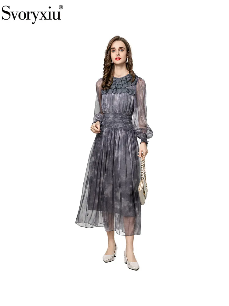 

Svoryxiu модное осеннее темно-серое длинное платье с принтом женское с круглым вырезом и аппликацией с рукавами-фонариками на эластичной талии тонкие платья трапециевидной формы