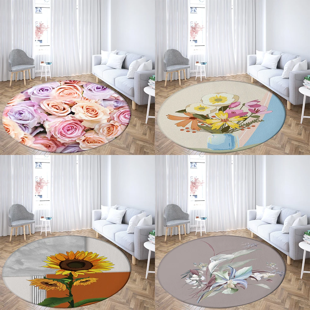 Peony rose bird pattern circular carpet for home living room bedroom bathroom floor decoration 