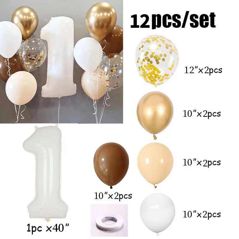 12pcs 40inch White Number Foil Column Latex Balloons Happy Birthday Party Decorations Kids Boy Girl 1 2 3 4 5 6 7 8 9 Year Old