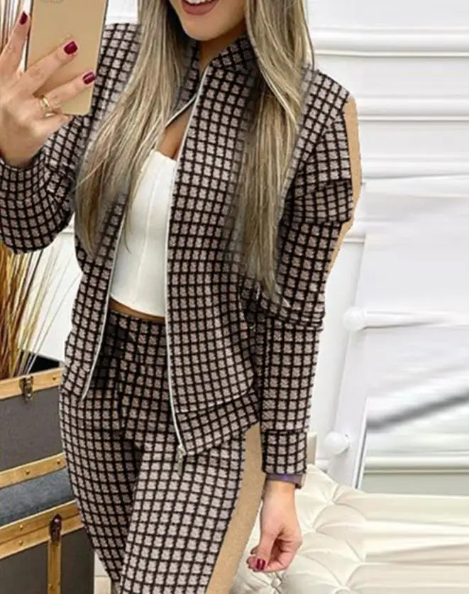 Two Piece Sets Womens Outifits Casual Plaid Print Zip Up Long Sleeve Jacket & Drawstring Pocket Long Sweatpants Sets Autumn 2022