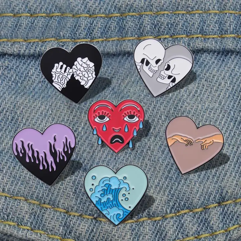 Enamel Pins Custom Skeleton Lovers Ocean Wave Tears Brooches Lapel Badges Funny Jewelry Gift for Kids Friends Punk Heart Shape